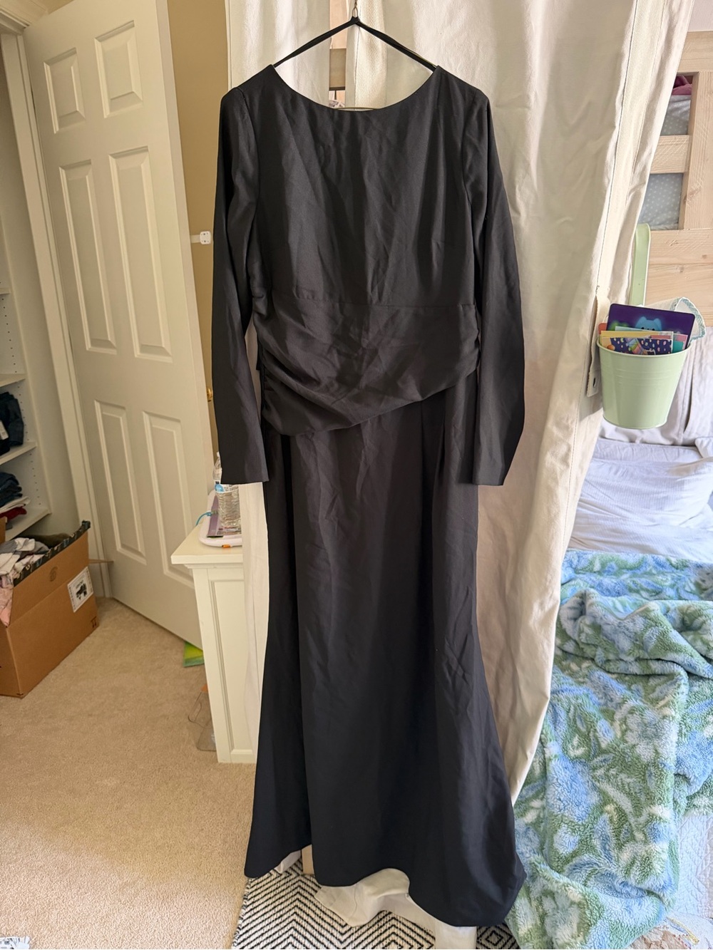 Long Sleeve Black Maxi Dress with Draped Waist